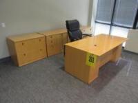 EXECUTIVE 6'FT LONG WOOD DESK WITH CREDENZA, (2) WOOD 2 DRAWER LATERAL FILES, (2) WOOD 4 DRAWER LATERAL FILES, (1) CHAIR