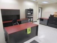 LOT ASST'D FURNITURE, (2) DESK, CREDENZA, (3) METAL 3 DRAWER LATERAL FILES, BOOK CASE, COMBINATION FILE AND CHAIR