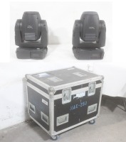 Lot (1) Martin MAC 250 Entour and (1) Martin MAC 250 Wash Moving Head Stage Lights w/ (5) Clamps, (4) PSU Cables, Safety Cable in Wheeled Road Case
