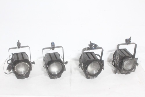 Lot (4) Strand Lighting Fresnel 6" Studio Lights w/ (4) C-Clamps, (4) Safety Cables & Gobo