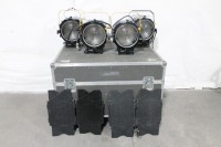 Lot (4) DeSisti Leonardo Mod. 320 Lights + (4) Barn Doors + (4) Clamps in Rolling Hard Case