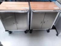 Lot of 2 Storage Carts On Wheels w/ Wood Tops H 35in x L 28in x D 20in w / Contents