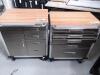 Lot of 2 Storage Carts on Wheels w/ Wood Tops H 35in x L 28in x D 20in w/ Contents
