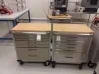 Lot of (2) 6 Drawer Work Cabinets on Wheels w/ Wood Tops w/ Contents