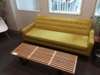 (1) Tweed Sofa 78.5in L x 33in H x 32in D & (1) Wood Slat Table 14in H x 18.5in w x 60in L