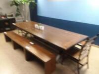 Lot of (1) Rustic Table 122in L x 42in W x 29in H w/ 6 Benches & 2 End Chairs