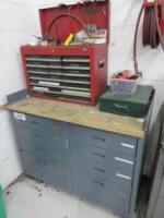 Metal Wood Top Mobile 8-Drawer Bench Truck Includes Sears Craftsman Bench Top Toolbox And Assorted Tools Consisting Of Files